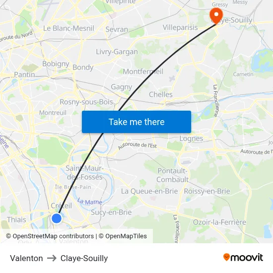 Valenton to Claye-Souilly map