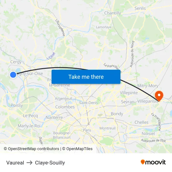 Vaureal to Claye-Souilly map