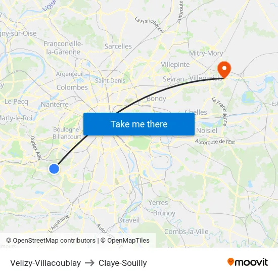 Velizy-Villacoublay to Claye-Souilly map