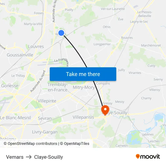 Vemars to Claye-Souilly map