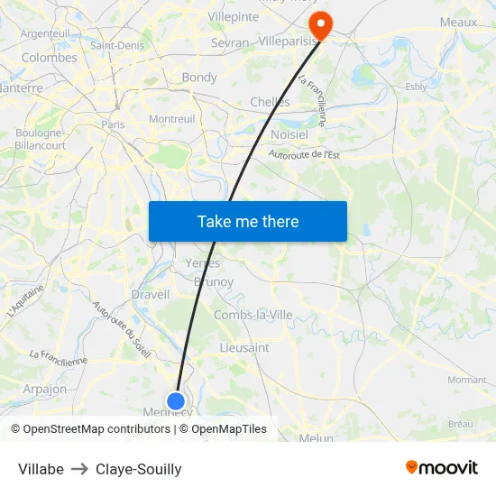 Villabe to Claye-Souilly map