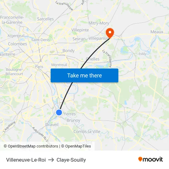 Villeneuve-Le-Roi to Claye-Souilly map