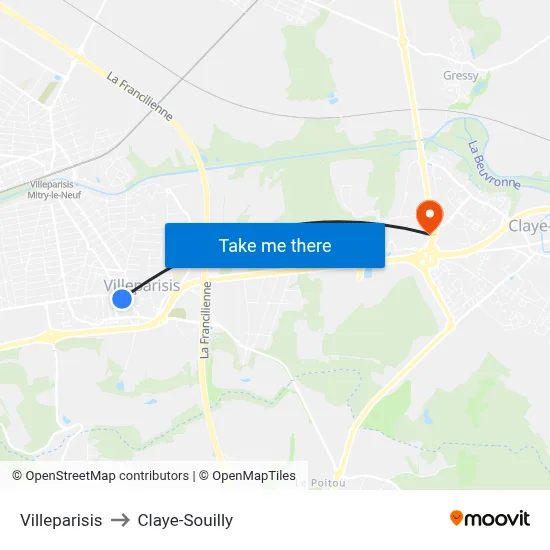 Villeparisis to Claye-Souilly map