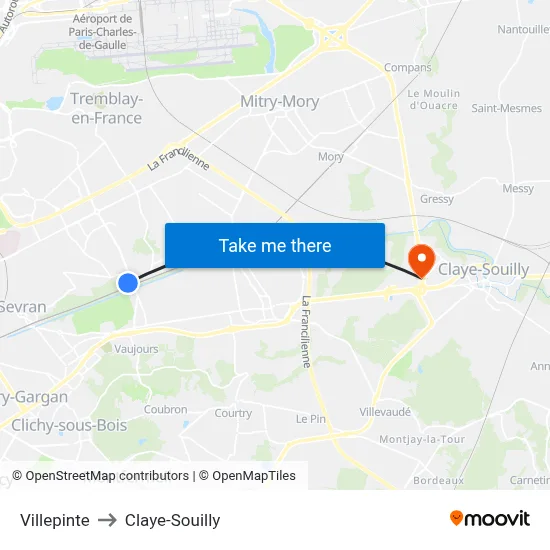 Villepinte to Claye-Souilly map