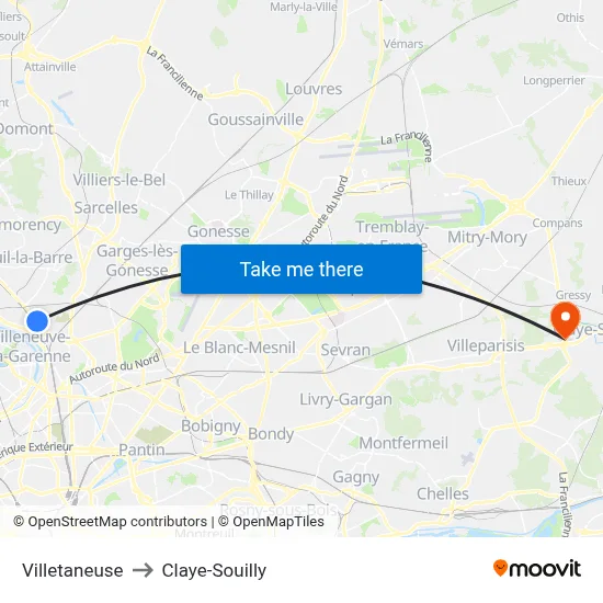 Villetaneuse to Claye-Souilly map
