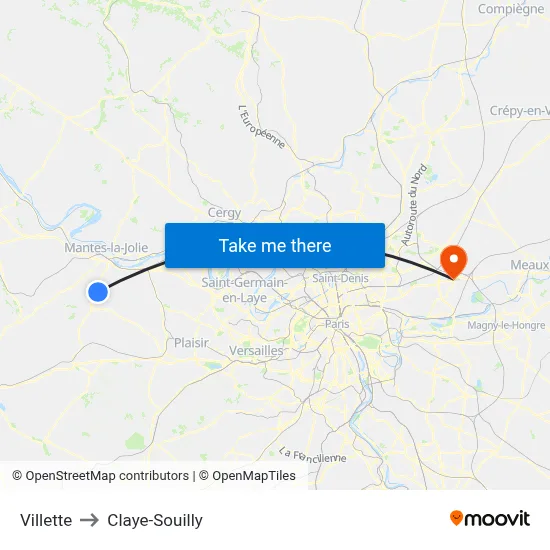 Villette to Claye-Souilly map