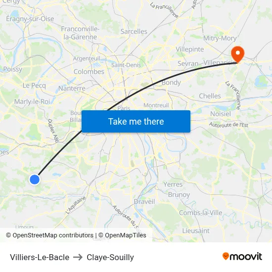 Villiers-Le-Bacle to Claye-Souilly map