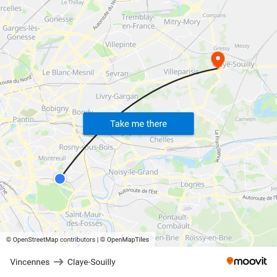 Vincennes to Claye-Souilly map