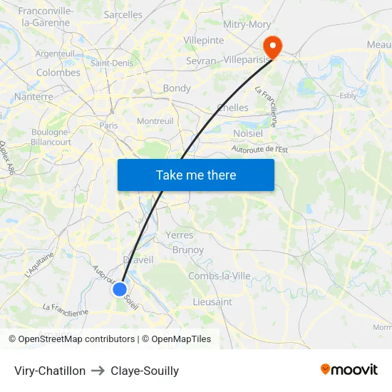 Viry-Chatillon to Claye-Souilly map