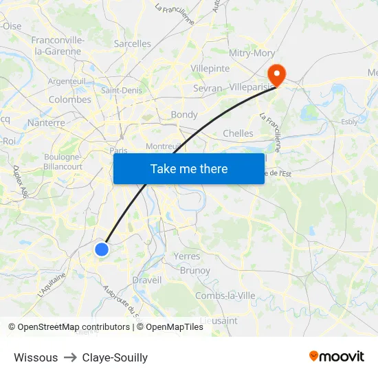 Wissous to Claye-Souilly map