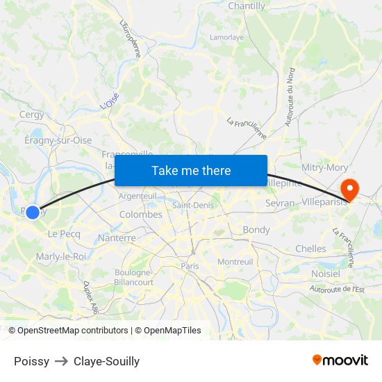 Poissy to Claye-Souilly map