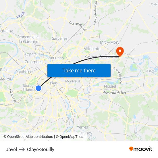 Javel to Claye-Souilly map