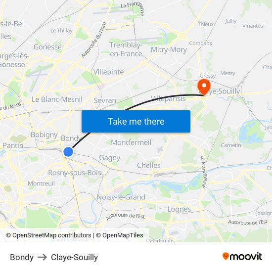 Bondy to Claye-Souilly map