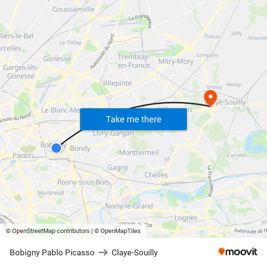 Bobigny Pablo Picasso to Claye-Souilly map