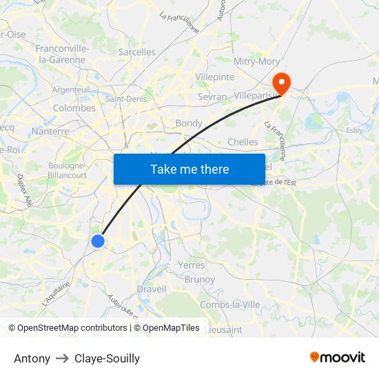 Antony to Claye-Souilly map