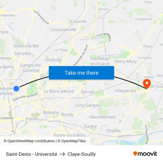 Saint-Denis - Université to Claye-Souilly map