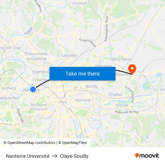 Nanterre Université to Claye-Souilly map