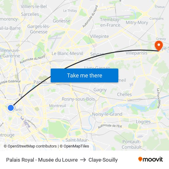 Palais Royal - Musée du Louvre to Claye-Souilly map