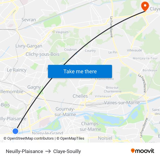 Neuilly-Plaisance to Claye-Souilly map