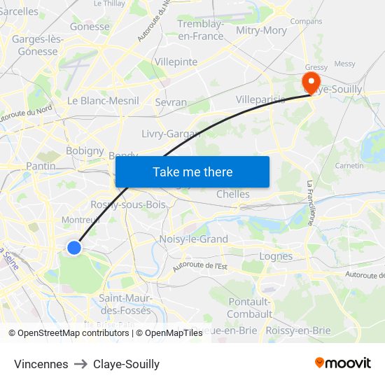 Vincennes to Claye-Souilly map