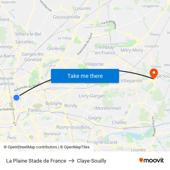 La Plaine Stade de France to Claye-Souilly map