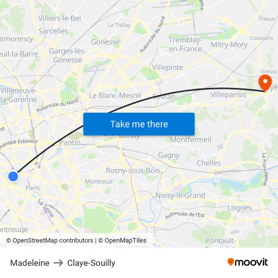 Madeleine to Claye-Souilly map