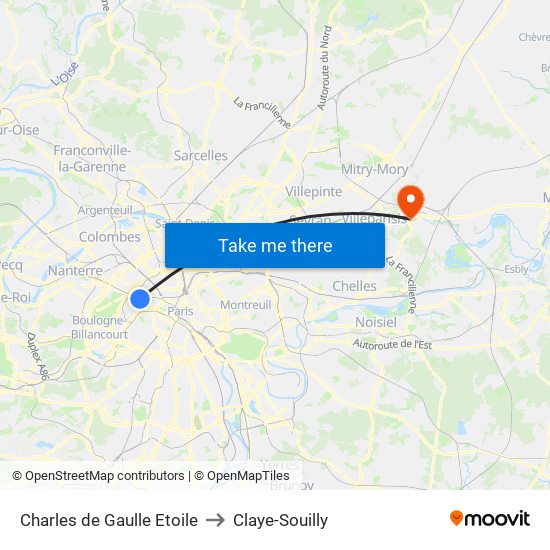 Charles de Gaulle Etoile to Claye-Souilly map
