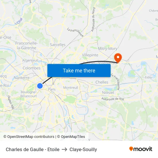 Charles de Gaulle - Etoile to Claye-Souilly map