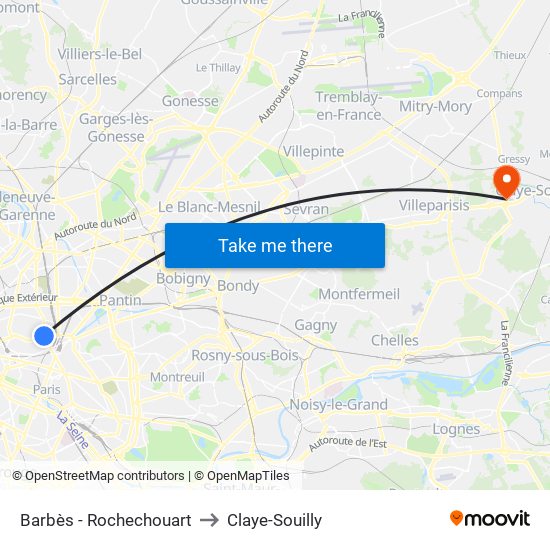 Barbès - Rochechouart to Claye-Souilly map