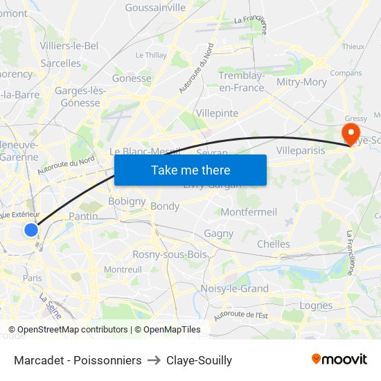 Marcadet - Poissonniers to Claye-Souilly map