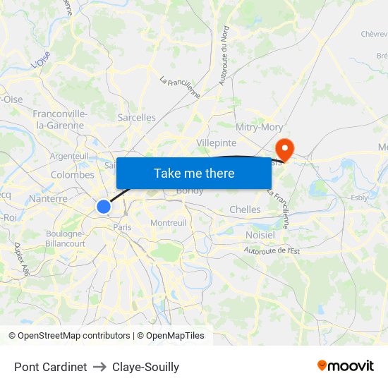 Pont Cardinet to Claye-Souilly map