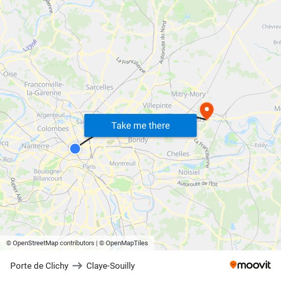 Porte de Clichy to Claye-Souilly map