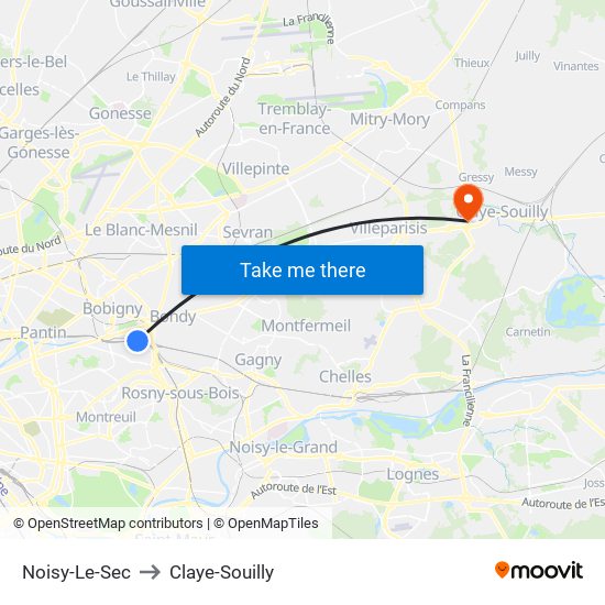 Noisy-Le-Sec to Claye-Souilly map