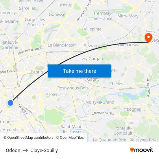 Odéon to Claye-Souilly map