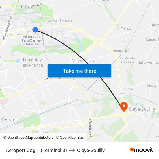 Aéroport Cdg 1 (Terminal 3) to Claye-Souilly map