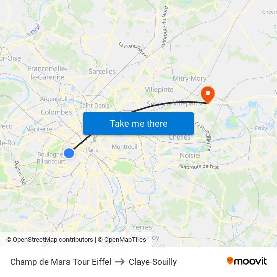 Champ de Mars Tour Eiffel to Claye-Souilly map