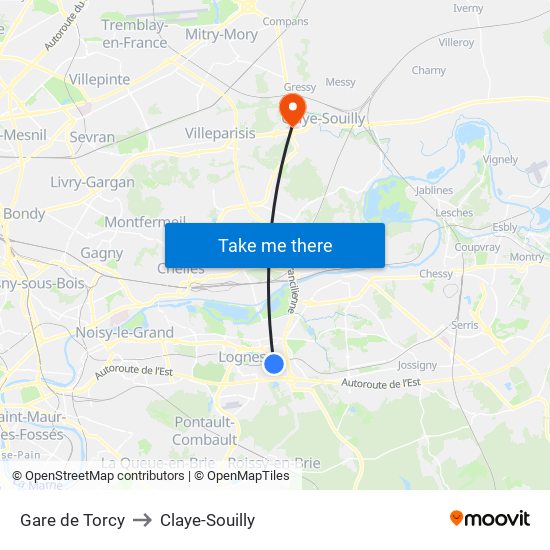 Gare de Torcy to Claye-Souilly map