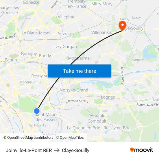 Joinville-Le-Pont RER to Claye-Souilly map