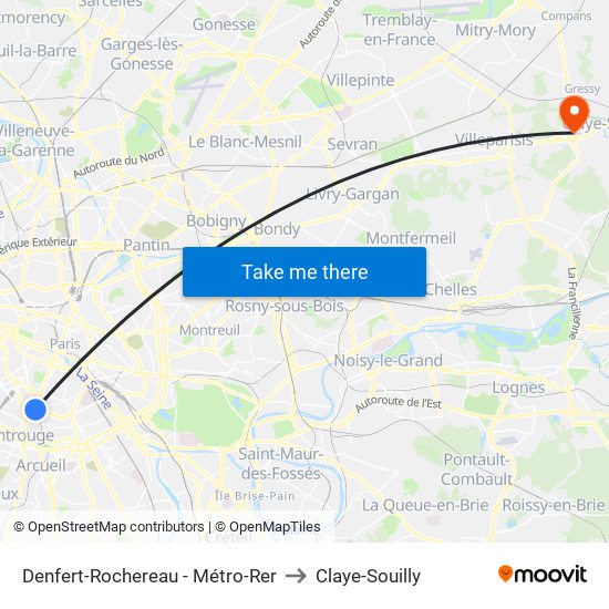 Denfert-Rochereau - Métro-Rer to Claye-Souilly map