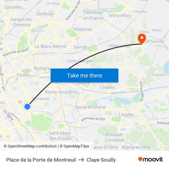 Place de la Porte de Montreuil to Claye-Souilly map