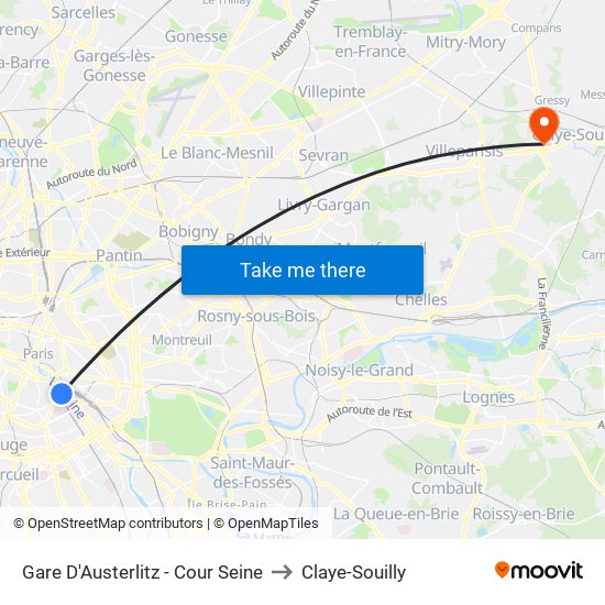 Gare D'Austerlitz - Cour Seine to Claye-Souilly map