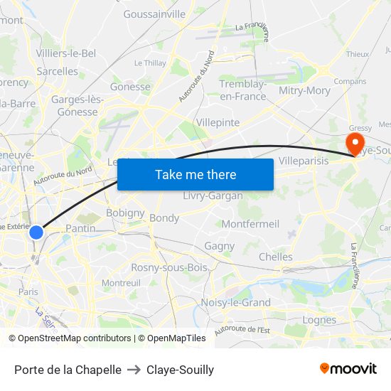 Porte de la Chapelle to Claye-Souilly map