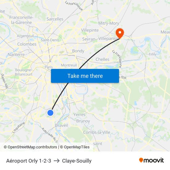 Aéroport Orly 1-2-3 to Claye-Souilly map