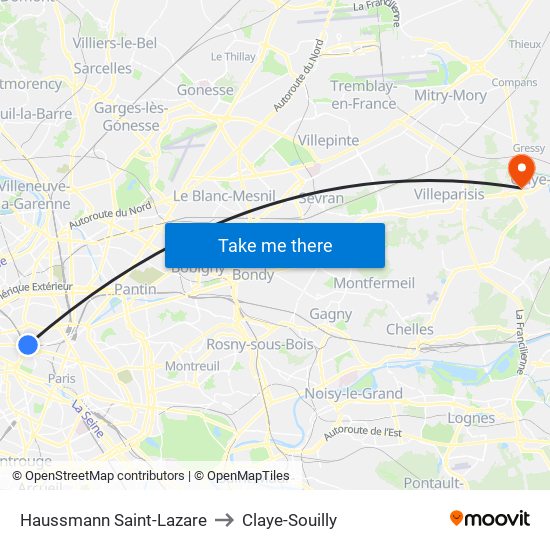 Haussmann Saint-Lazare to Claye-Souilly map