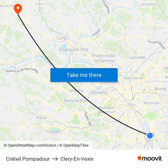 Créteil Pompadour to Clery-En-Vexin map