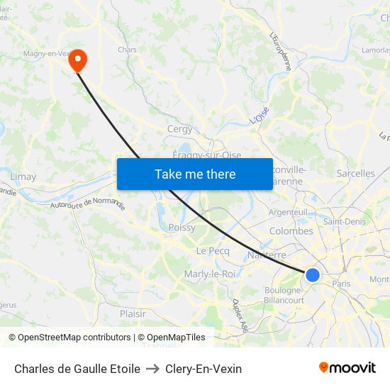 Charles de Gaulle Etoile to Clery-En-Vexin map