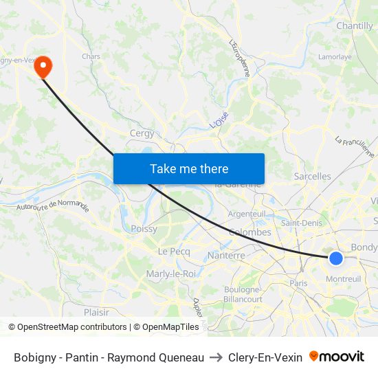 Bobigny - Pantin - Raymond Queneau to Clery-En-Vexin map