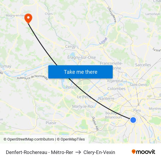 Denfert-Rochereau - Métro-Rer to Clery-En-Vexin map