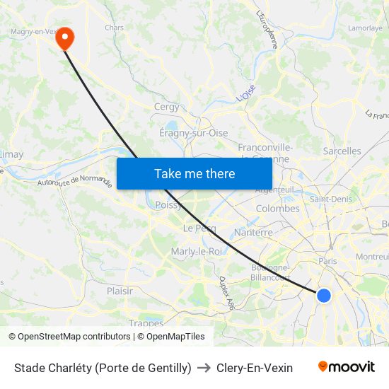 Stade Charléty (Porte de Gentilly) to Clery-En-Vexin map