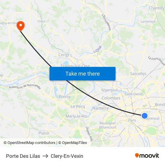 Porte Des Lilas to Clery-En-Vexin map